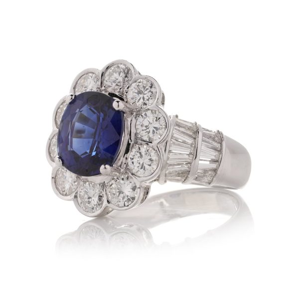 3.30ct Sapphire and Diamond Cluster Dress Ring with Tapered Baguette Diamond Shoulders