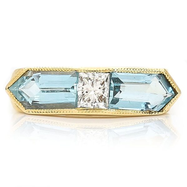 Vintage Trapeze Cut Aquamarine and Radiant Cut Diamond Three Stone Ring