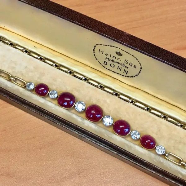 Victorian Antique 30ct Cabochon Burmese Ruby and 6ct Old Cut Diamond Bracelet-come-Necklace, Comes in original antique box from German court jeweller. Circa 1890s