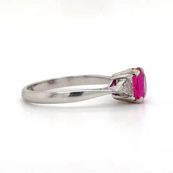 Vintage 1.20ct Burmese Ruby and Trilliant Diamond Three Stone Engagement Ring in Platinum