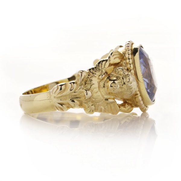Antique Art Nouveau 5ct Natural Sapphire and 14ct Yellow Gold Cherub Ring