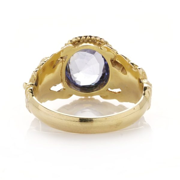 Antique Art Nouveau 5ct Oval Natural Sapphire and 14ct Yellow Gold Cherub Ring