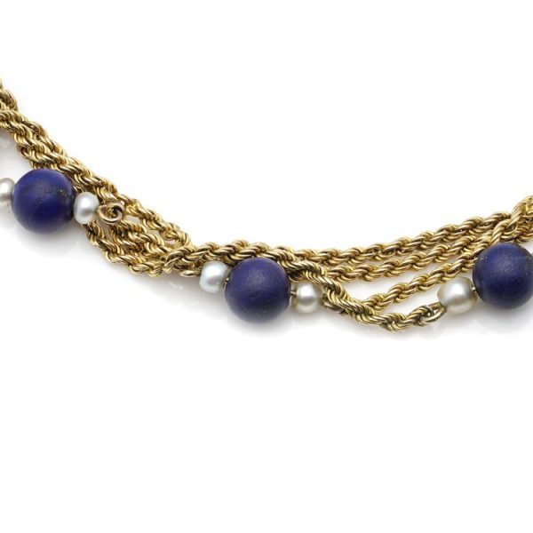 19th Century Antique 18ct Yellow Gold Chatelaine Bracelet with Lapis Lazuli and Pearls