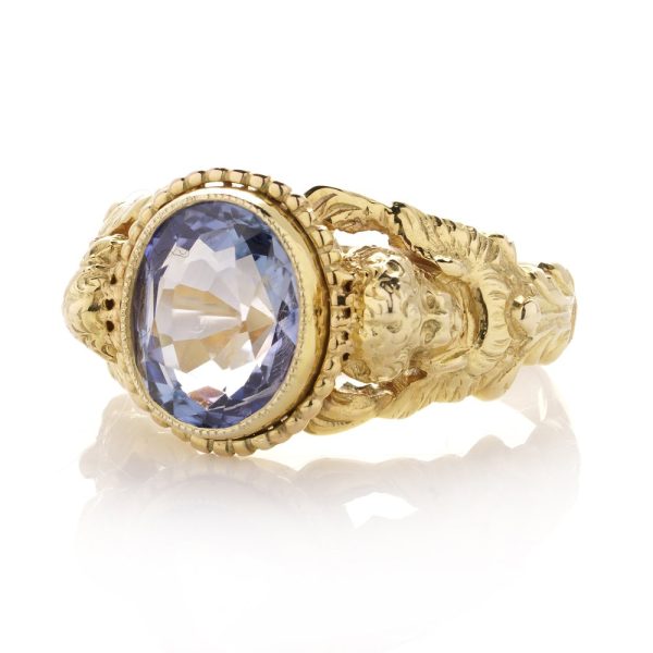 Antique Art Nouveau 5ct Oval Natural Sapphire Ring 14ct Yellow Gold Cherub Shoulders