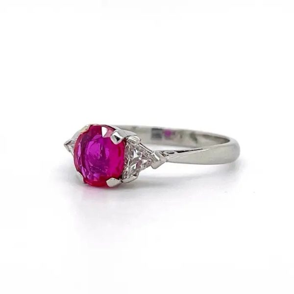 Vintage 1.20ct Burmese Ruby and Trillion Diamond Three Stone Engagement Ring in Platinum