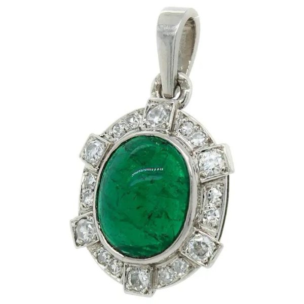 French Art Deco Colombian Emerald and Old Cut Diamond Cluster Pendant in Platinum