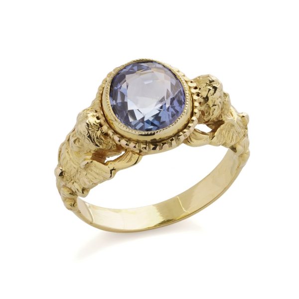 Antique Art Nouveau Natural Sapphire and 14ct Yellow Gold Cherub Ring