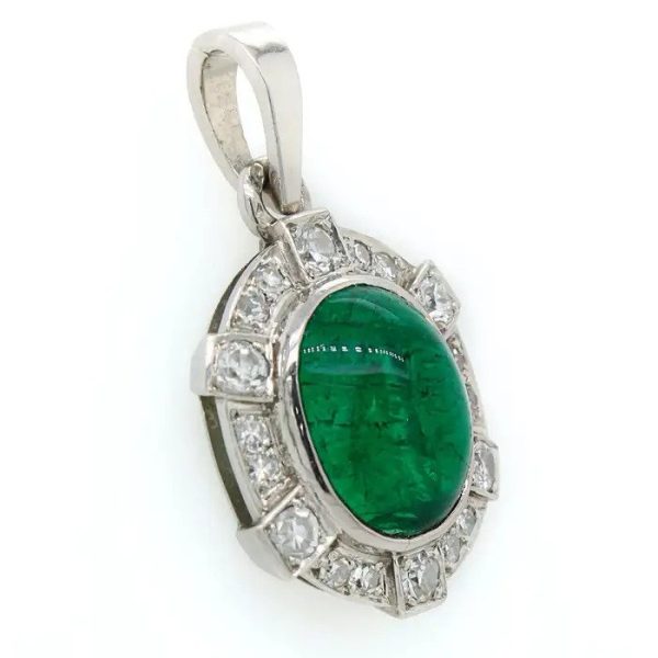 French Art Deco 4.8ct Cabochon Colombian Emerald and Old Cut Diamond Cluster Pendant in Platinum