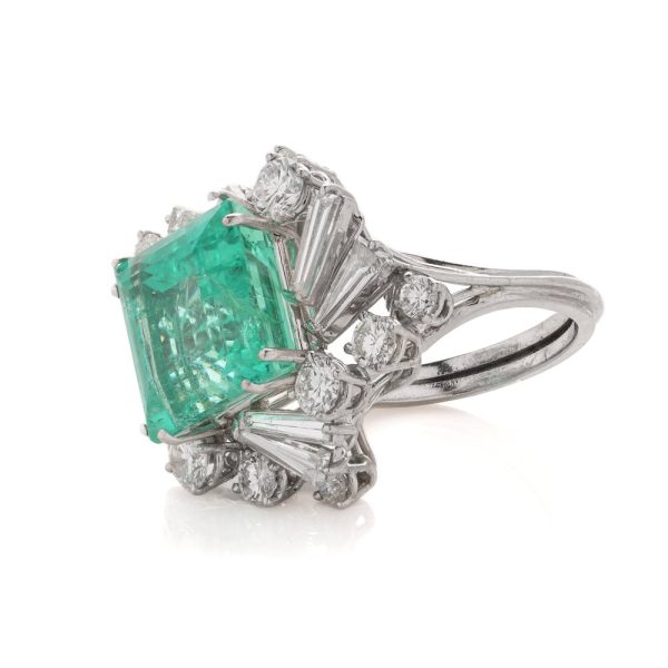 GIA Certified Vintage 12ct Colombian Emerald and Diamond Cluster Cocktail Ring in Platinum
