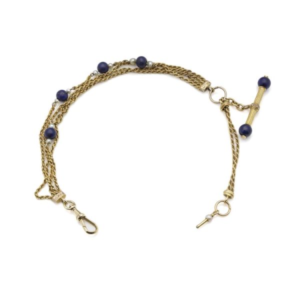19th Century Antique 18ct Yellow Gold Chatelaine Bracelet with Lapis Lazuli and Pearl Beads
