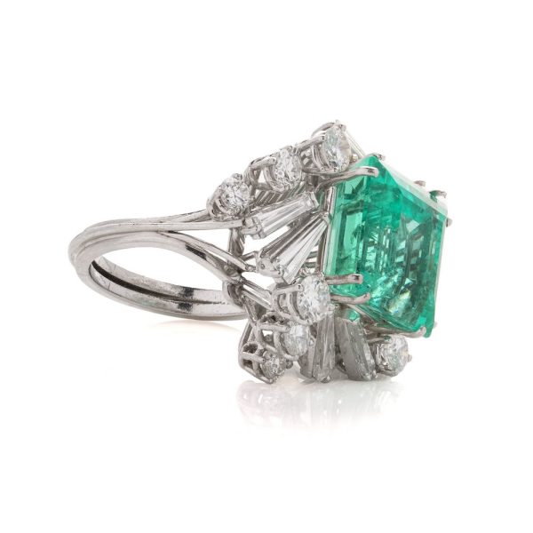 GIA Certified 12ct Colombian Emerald and Diamond Cluster Cocktail Ring in Platinum