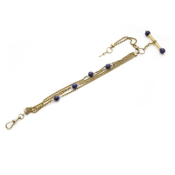 19th Century Antique Gold Chatelaine Bracelet with Lapis Lazuli and Pearls