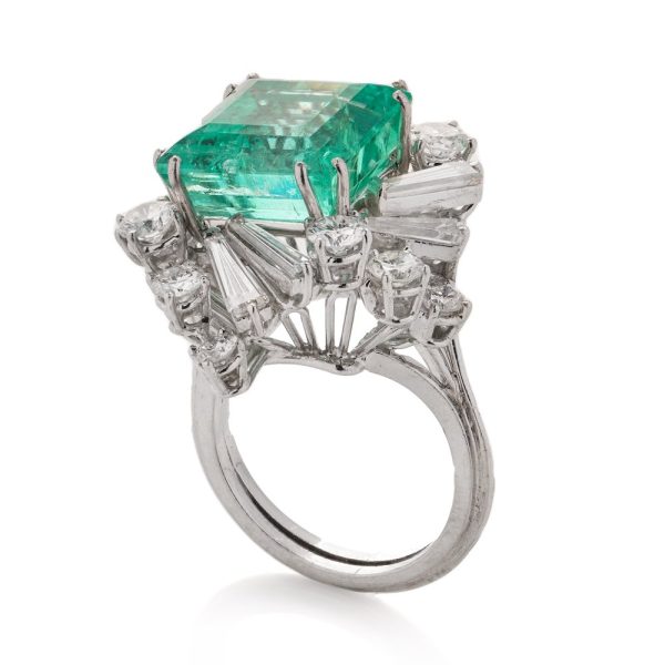 GIA Certified Square Cut 12ct Colombian Emerald and Diamond Cluster Cocktail Ring in Platinum