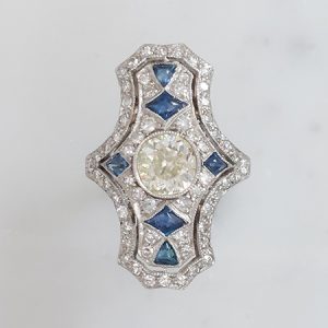 Art Deco 1.50ct Old Cut Sapphire and Diamond Cluster Plaque Ring