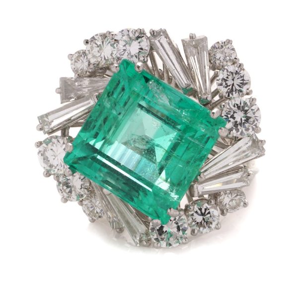 GIA Certified Square Step Cut 12ct Colombian Emerald and Diamond Cluster Cocktail Ring in Platinum