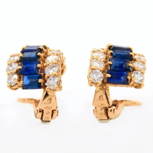 Vintage 1970s Boucheron 3ct Sapphire and Diamond Clip On Earrings in 18ct Yellow Gold