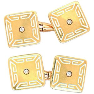 Art Deco Diamond White Enamel and Gold Cufflinks
