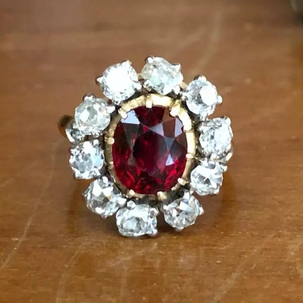 Early Victorian Antique 2.41ct Natural Red Spinel and Old Cut Diamond Cluster Engagement Ring