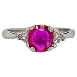 Vintage 1.20ct Ruby and Trillion Diamond Three Stone Engagement Ring in Platinum