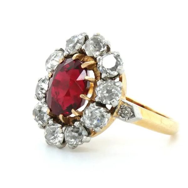 Victorian Antique 2.41ct Natural Red Spinel and Old Cut Diamond Cluster Engagement Ring