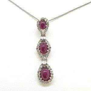 Cabochon Ruby and Diamond Triple Cluster Long Drop Pendant