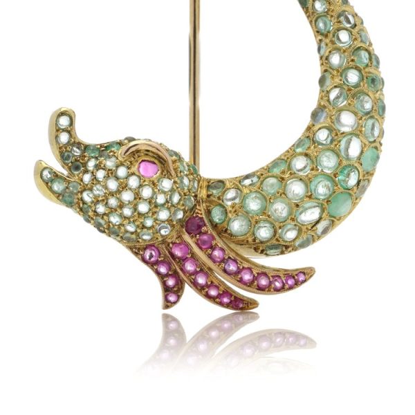 Vintage 5ct Cabochon Emerald Fish Brooch with Rubies