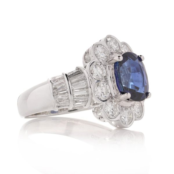 3.30ct Sapphire and Diamond Cluster Dress Ring with Tapered Baguette Diamond Shoulders