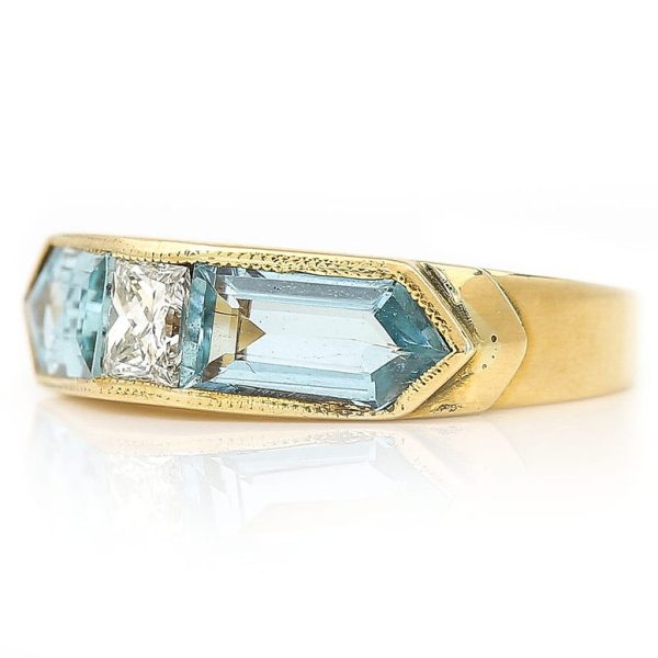 Vintage Trapeze Cut Aquamarine and Radiant Cut Diamond Trilogy Ring