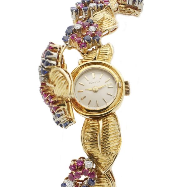 Vintage Gubelin 18ct Yellow Gold Ruby Sapphire Diamond Bracelet Watch