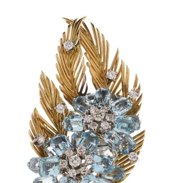 Vintage 10cts Aquamarine Diamond Gold Feather Spray Brooch, Circa 1970s