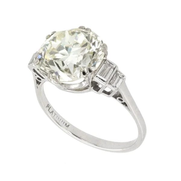 Art Deco Inspired Single Stone 4.99ct Diamond Solitaire Engagement Ring with Baguette Shoulders in Platinum