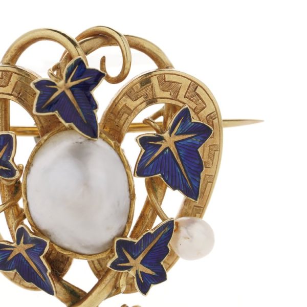 Victorian Antique 18ct Gold Brooch with Blue Enamel Leaves and Pearls