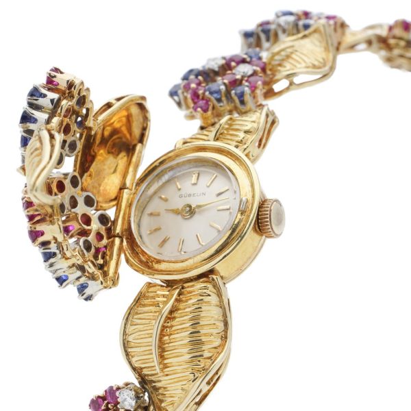 Vintage 1960s Gubelin 18ct Yellow Gold Watch with Rubies Sapphires Diamonds