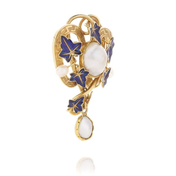 Victorian Antique 18ct Gold Brooch with Blue Enamel Leaves and Pearls