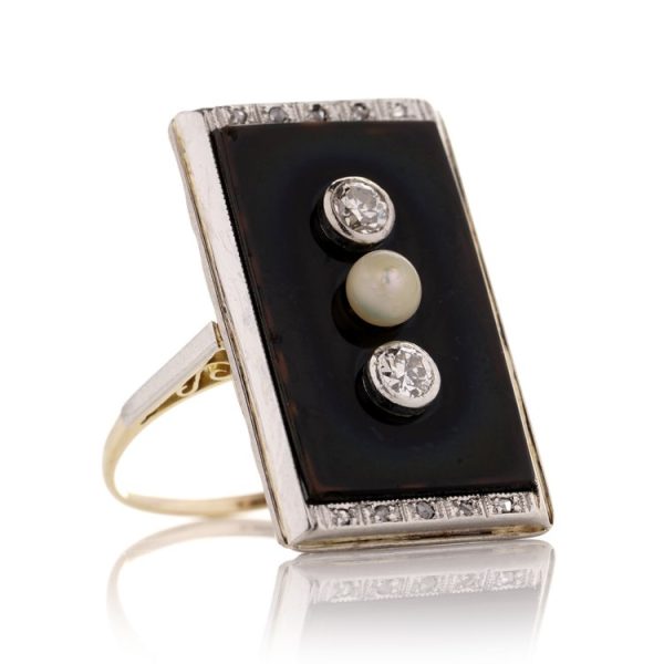 Art Deco Diamond and Pearl Three Stone Onyx Plaque Ring in Platinum and 14ct Gold