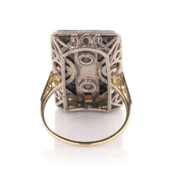 Art Deco Diamond Pearl and Onyx Plaque Ring in Platinum and 14ct Gold