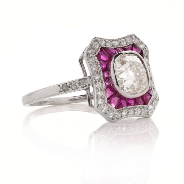Art Deco 1.50 Old Mine Cut Diamond and Ruby Cluster Ring in Platinum