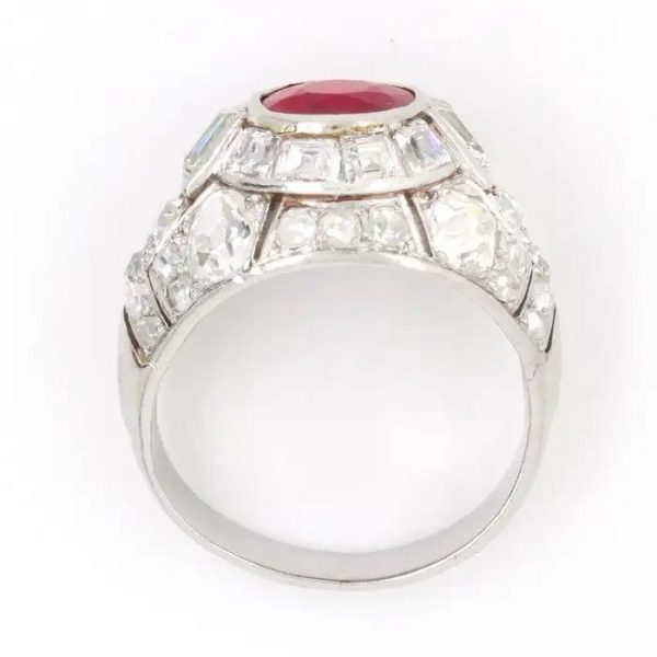 Art Deco 2ct Burmese Ruby and Diamond Cluster Bombe Cocktail Ring