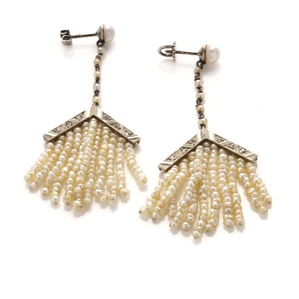 Victorian Antique Diamond and Natural Pearl Fringe Drop Earrings