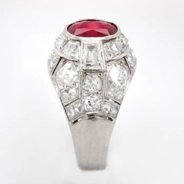 Art Deco 2ct Burmese Ruby and Diamond Cluster Bombe Cocktail Ring