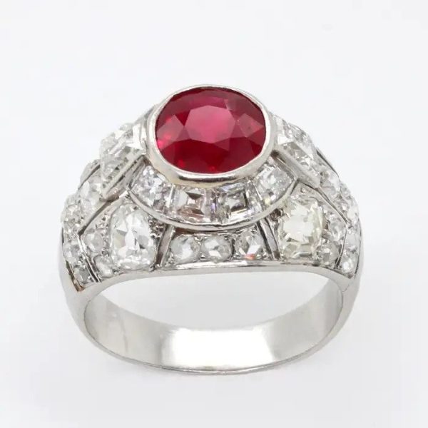 Art Deco 2ct Vivid Red Burma Ruby and Diamond Cluster Bombe Cocktail Ring
