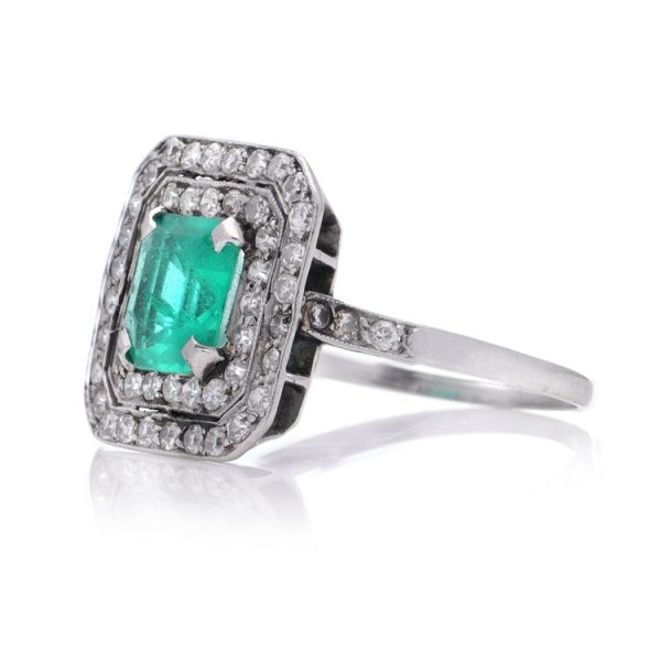Late Art Deco 1.10ct Natural Colombian Emerald and Old Cut Diamond Cluster Ring