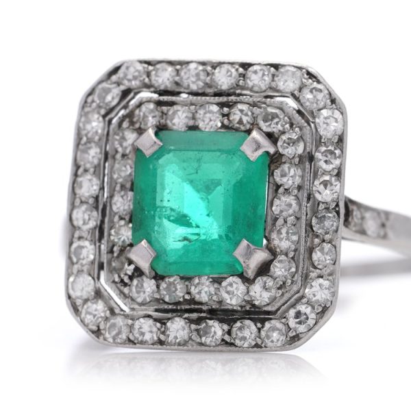 Late Art Deco 1.10ct Natural Colombian Emerald and Old Cut Diamond Double Cluster Ring