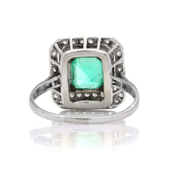 Vintage 1.10ct Natural Colombian Emerald and Old Cut Diamond Double Cluster Ring