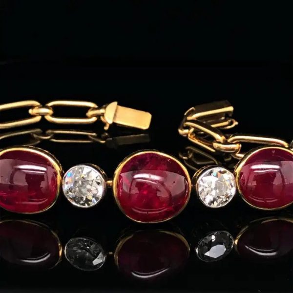 Victorian Antique 30ct Cabochon Burmese Ruby and 6ct Old Cut Diamond Bracelet-come-Necklace