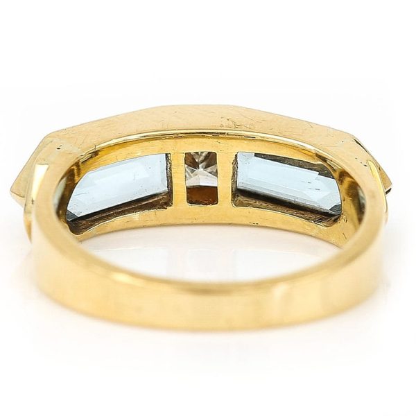 Vintage Trapeze Cut Aquamarine and Radiant Cut Diamond Trilogy Ring in 18ct Yellow Gold