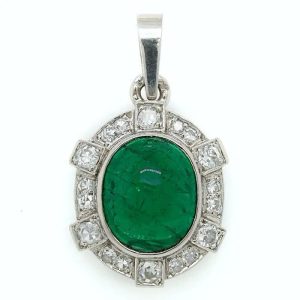 Art Deco French Colombian Emerald and Diamond Cluster Pendant