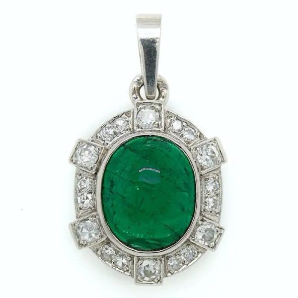 Art Deco French Colombian Emerald and Old Cut Diamond Cluster Pendant in Platinum