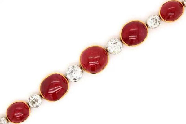 Victorian Antique 30ct Cabochon Burmese Ruby and 6ct Old Cut Diamond Bracelet-come-Necklace