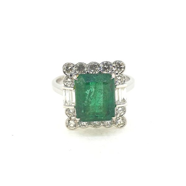 3.60ct Emerald and Diamond Cluster Dress Ring with Brilliant and Baguette Diamonds